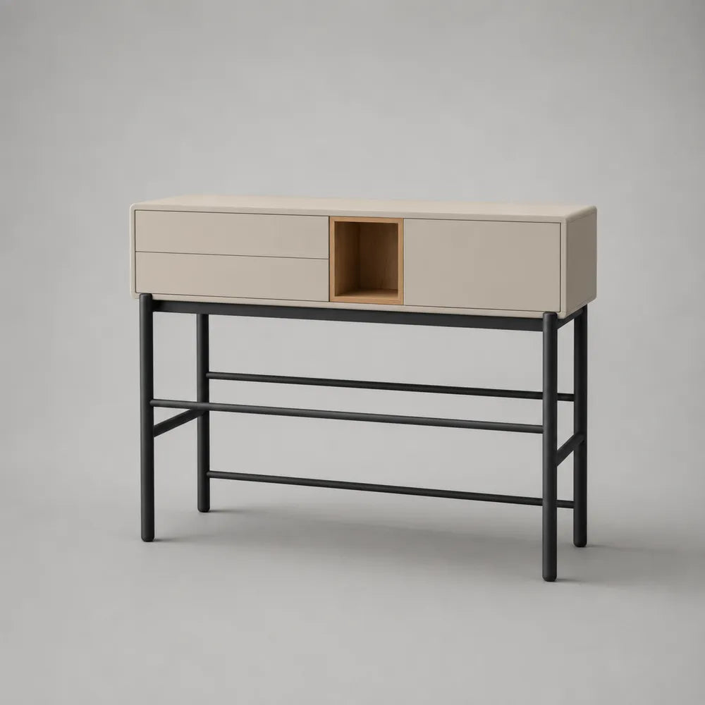 Console d'entrée avec 2 tiroirs et niche ouverte MDF beige avec structure en acier noir 120 x 35 x 85 cm