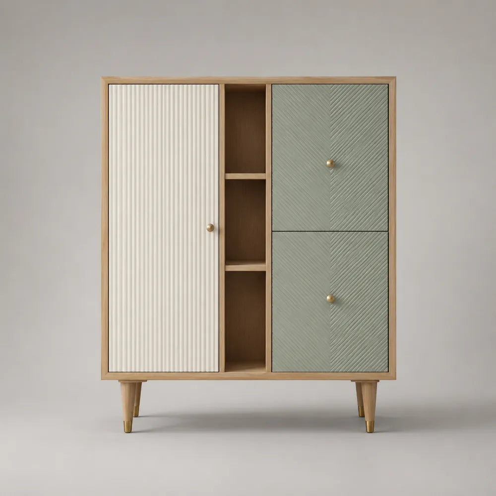 Buffet haut de salle à manger en MDF finition bois avec 3 portes et étagères ouvertes blanc vert 120 x 40 x 150 cm