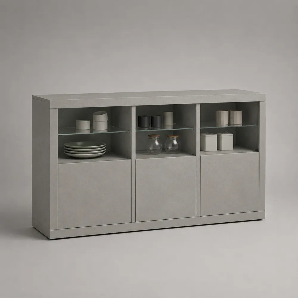 Buffet de salle à manger en MDF blanc effet pierre avec 3 portes et étagères en verre 180 x 40 x 80 cm