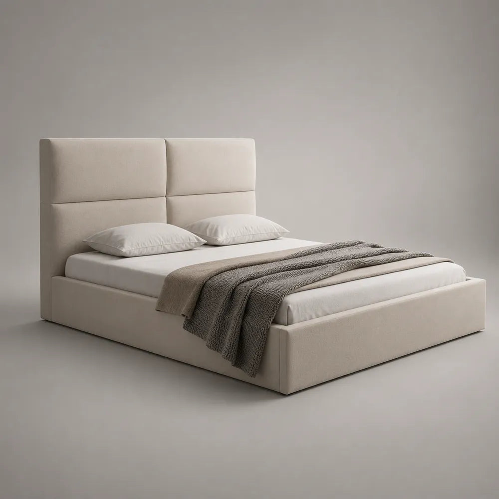 Lit double avec rangement tissu beige rembourré avec tête de lit capitonnée 160 x 200 cm