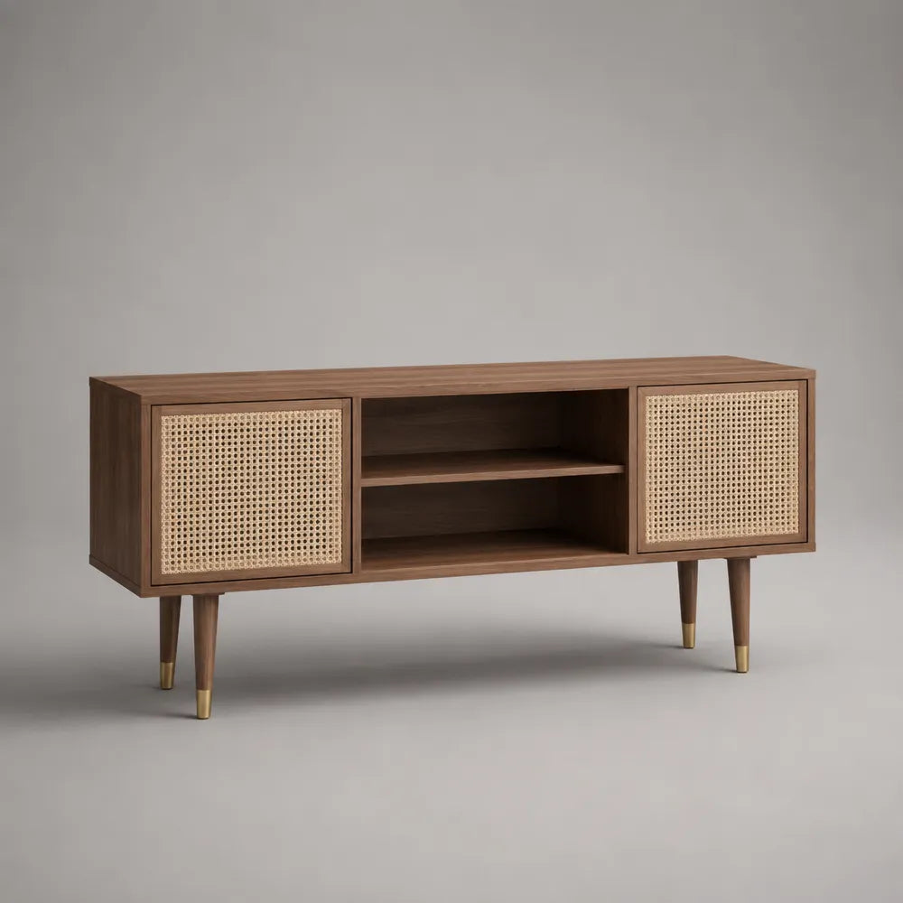 Meuble TV 160 x 40 x 55 cm en MDF marron avec portes cannage et étagères ouvertes forme rectangulaire