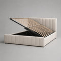 Lit coffre double 160 x 200 cm en polyester beige avec sommier relevable et rangement intégré