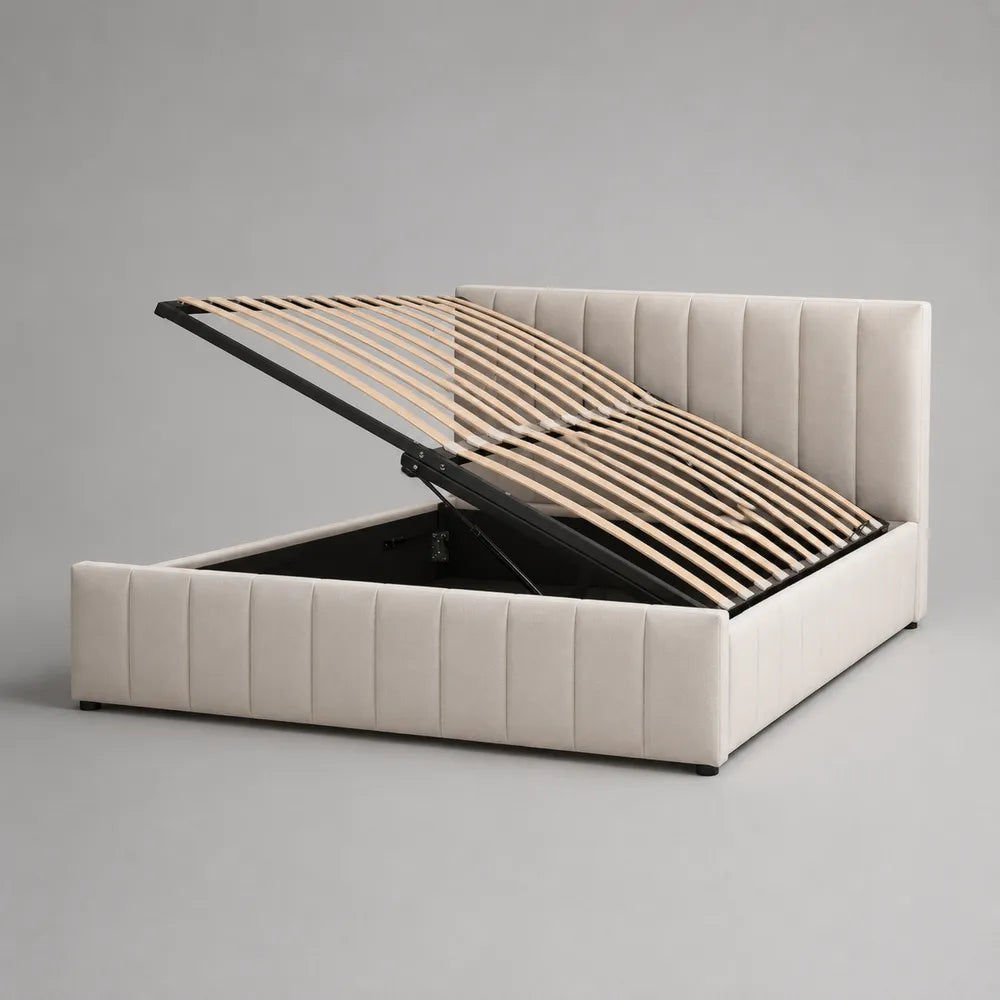 Lit coffre double 160 x 200 cm en polyester beige avec sommier relevable et rangement intégré