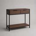 Console d'entrée 120 x 35 x 80 cm en MDF effet noyer avec 2 tiroirs et étagère ouverte structure en acier noir