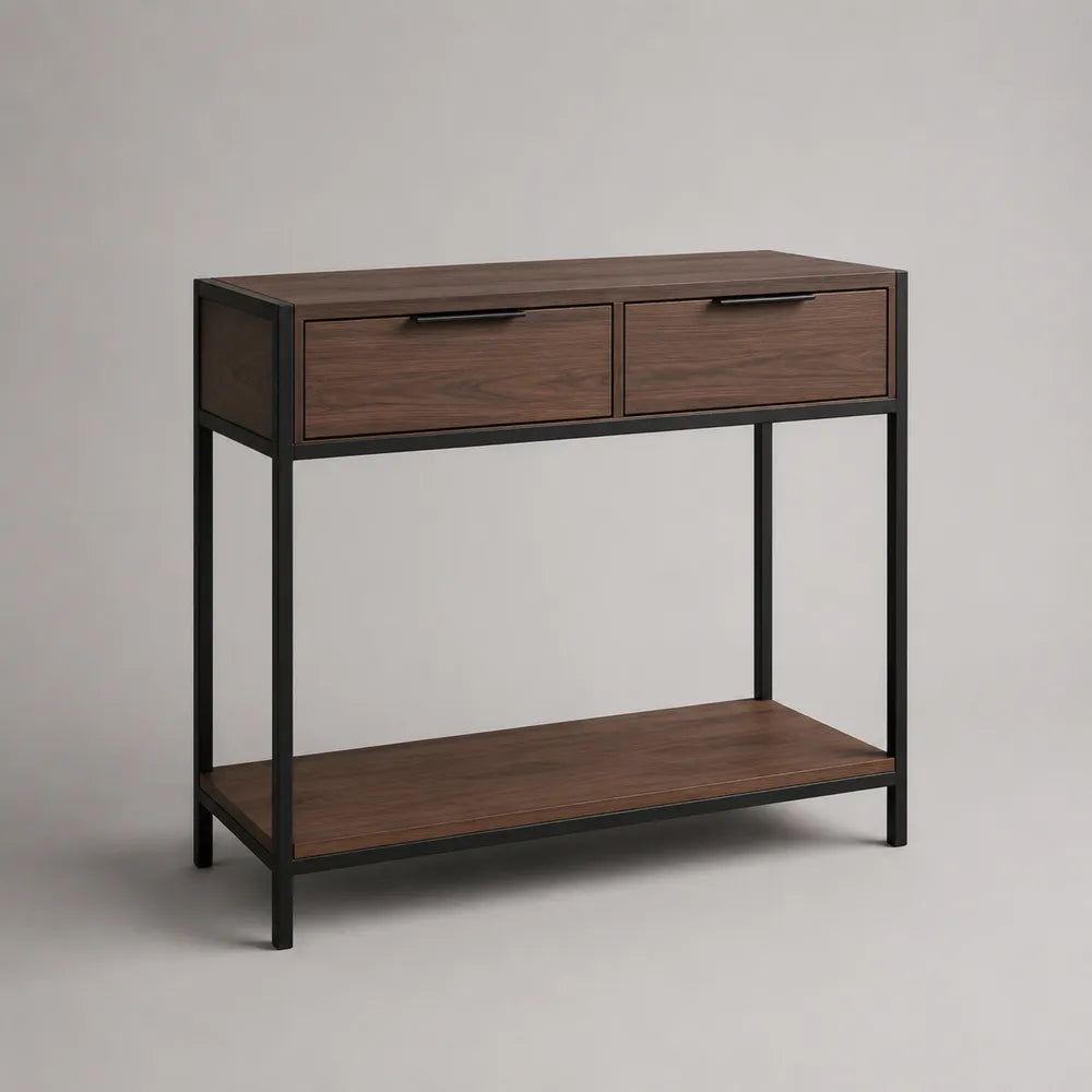 Console d'entrée 120 x 35 x 80 cm en MDF effet noyer avec 2 tiroirs et étagère ouverte structure en acier noir