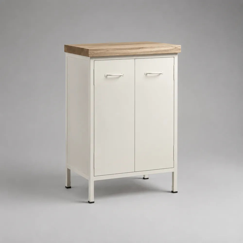 Buffet de salle à manger 2 portes en MDF blanc avec plateau effet bois clair et pieds en acier blanc 100 x 40 x 100 cm