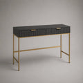 Console d'entrée 120 x 35 x 90 cm en MDF noir avec 2 tiroirs et pieds en acier doré forme rectangulaire