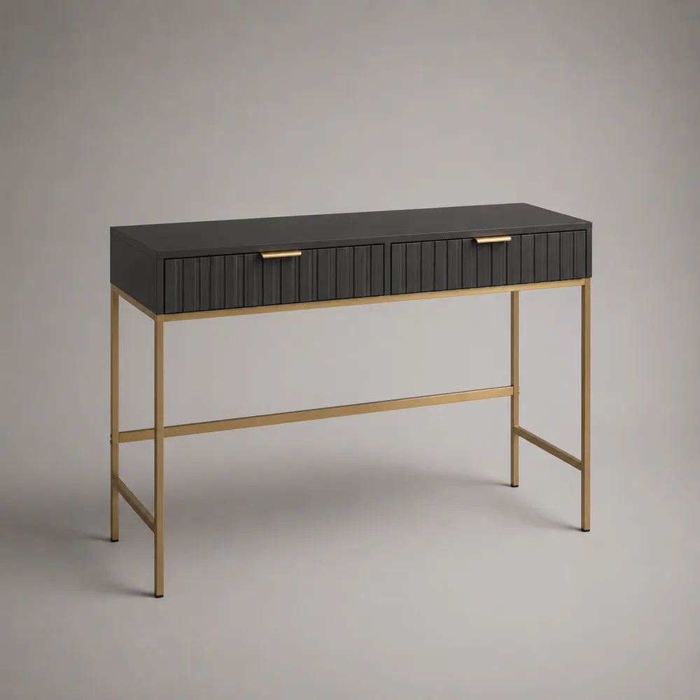 Console d'entrée 120 x 35 x 90 cm en MDF noir avec 2 tiroirs et pieds en acier doré forme rectangulaire