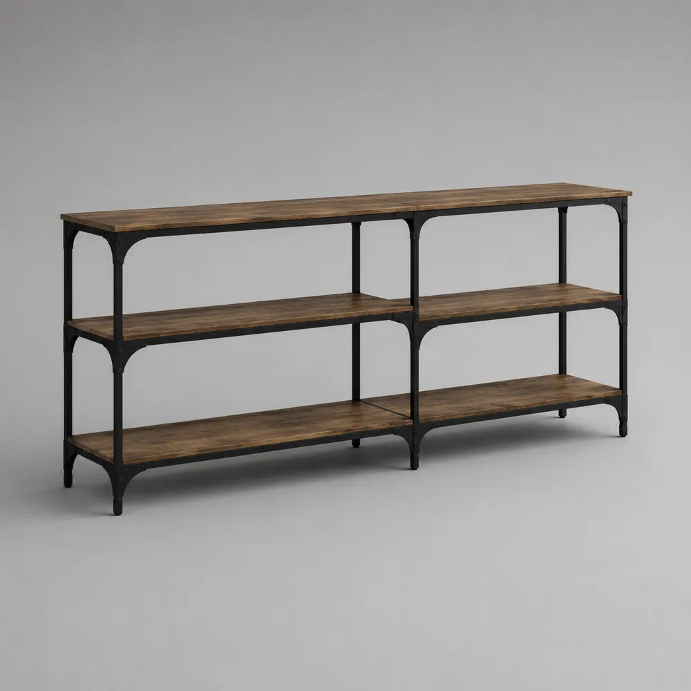 Console rectangulaire 200x35x80 cm MDF effet bois brun avec étagères et structure en acier noir