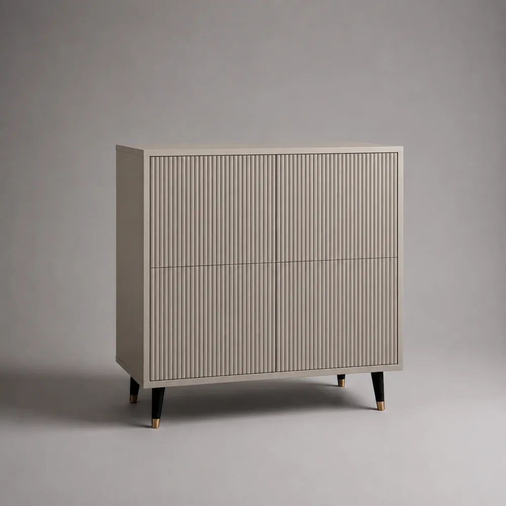 Buffet de salle à manger 2 portes en MDF beige avec façades rainurées et pieds en acier noir et doré 140 x 40 x 85 cm
