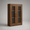 Buffet haut de salle à manger en MDF marron avec 2 portes vitrées en verre nervuré et étagères 120 x 40 x 160 cm
