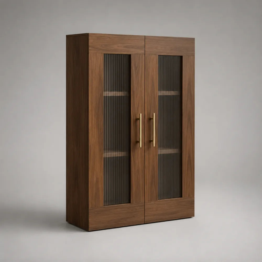 Buffet haut de salle à manger en MDF marron avec 2 portes vitrées en verre nervuré et étagères 120 x 40 x 160 cm