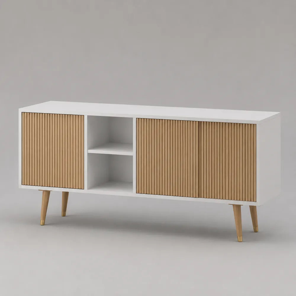 Meuble TV buffet bas en MDF blanc avec portes rainurées beige et niche ouverte 180 x 40 x 60 cm