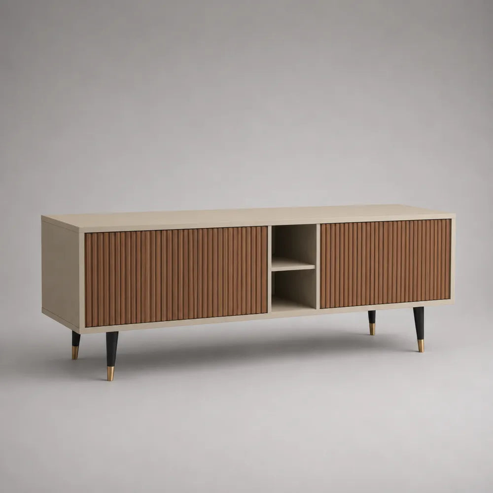 Meuble TV bas 180 x 40 x 55 cm en MDF effet chêne avec portes rainurées et niche ouverte forme rectangulaire