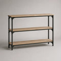 Console d'entrée avec 3 étagères MDF effet chêne clair et structure en acier noir 160 x 35 x 85 cm