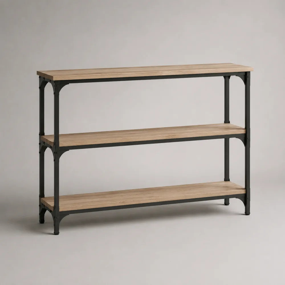 Console d'entrée avec 3 étagères MDF effet chêne clair et structure en acier noir 160 x 35 x 85 cm