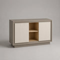 Buffet de salle à manger 2 portes en MDF beige avec façades rainurées blanches et étagère ouverte 160 x 40 x 75 cm