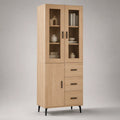 Buffet haut de salle à manger en MDF effet bois clair avec 2 portes vitrées 1 porte et 3 tiroirs 100 x 40 x 180 cm