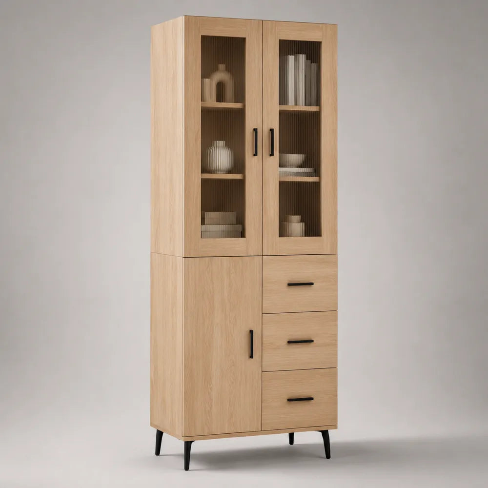 Buffet haut de salle à manger en MDF effet bois clair avec 2 portes vitrées 1 porte et 3 tiroirs 100 x 40 x 180 cm
