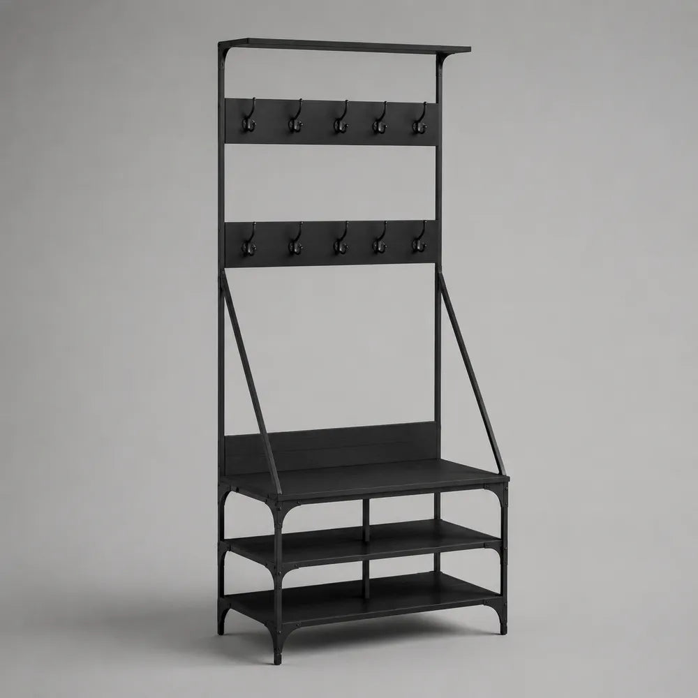 Meuble à chaussures avec banc 80 x 35 x 180 cm en acier noir avec étagères et crochets