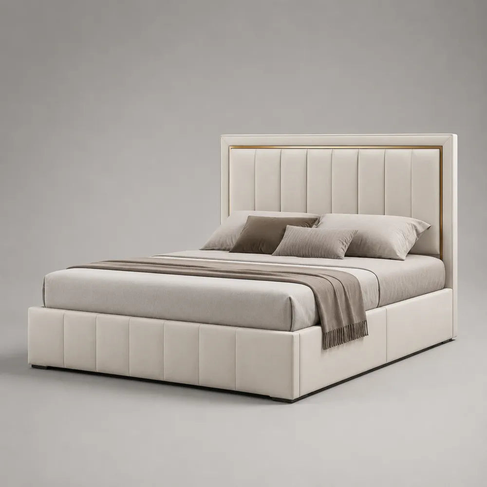 Lit double avec rangement tissu beige rembourré avec tête de lit capitonnée 160 x 200 cm