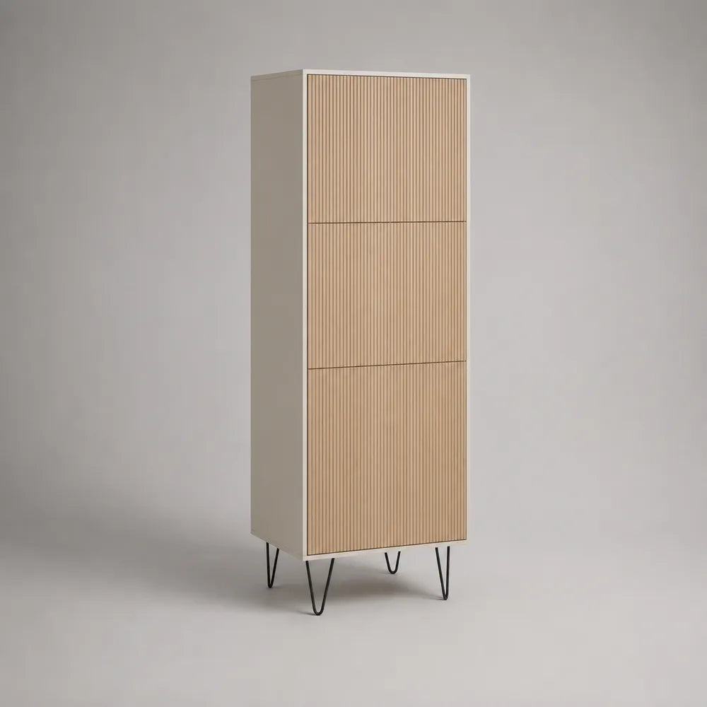 Buffet colonne de salle à manger en MDF beige avec portes rainurées et pieds en métal noir 70 x 40 x 180 cm