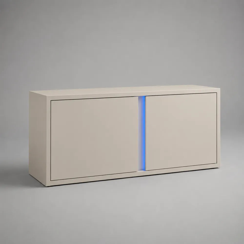 Meuble TV bas 180 x 40 x 50 cm en MDF blanc avec 2 portes et éclairage LED forme rectangulaire