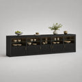 Buffet de salle à manger en MDF noir avec 5 portes vitrées et étagères en verre 240 x 40 x 80 cm