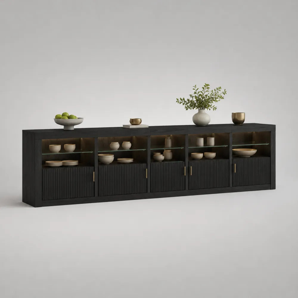 Buffet de salle à manger en MDF noir avec 5 portes vitrées et étagères en verre 240 x 40 x 80 cm