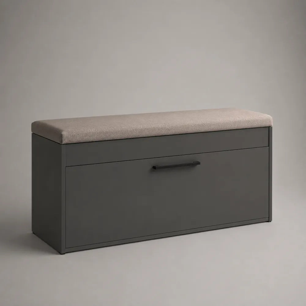 Banc coffre à chaussures 100x40x45 cm MDF gris avec assise en tissu polyester beige et rangement fermé